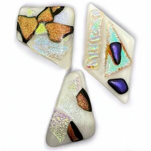 White Dichroic Art Glass Pieces – Iridescent Copper, Violet & Gold Accents